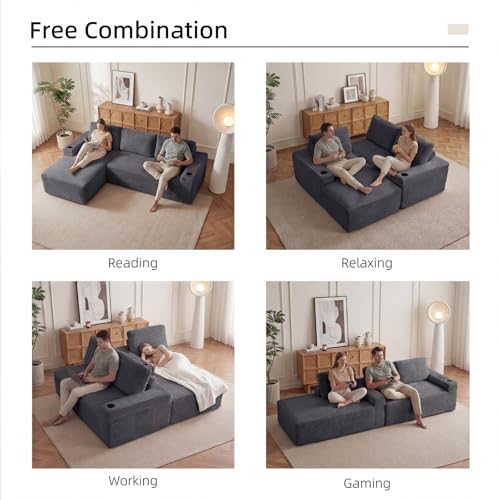 Image of 104 inch L Shaped Boneless Sectional Couches for Living Room, Comfy Corduroy Floor Cloud Sofa with Chaise and Cup Holder, Wide Armrest, Deep Seat, Assembly Free, Ideal for Small Spaces, Grey