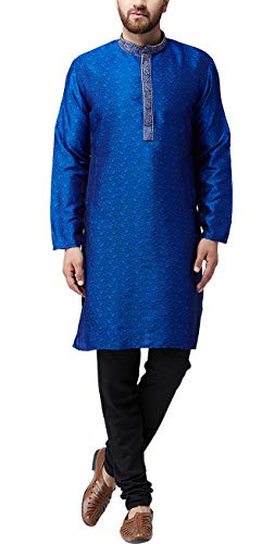 Image of SOJANYA (Since 1958 Mens Maroon Jacquard Silk Kurta and Black Churidaar Pyjama Set