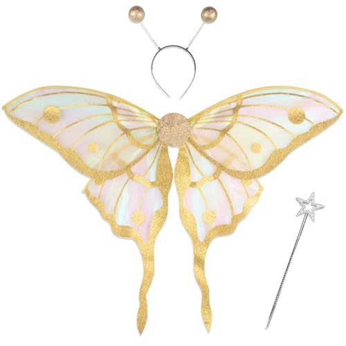 ALIBBON Butterfly Wings for Adult Women Glitter Yellow Butterfly Costume Set with Headband and Star Wand Transparent Organza Moth Wings Cosplay Accessories for Halloween Dress Up Party Costume