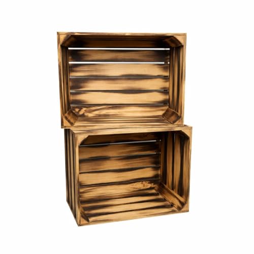 BAS Cajas de madera grandes flameadas 50 x 40 x 30 cm – Juego de 2 cajas de frutas de madera – Cajas de vino decorativas – Caja de madera – Caja de almacenamiento para jardín, hogar y tienda