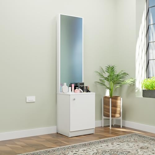 Image of VIKI |Engineered Wood Dressing Table 1 Door with Shelf, Mirror and Huge Storage Space | Vanity for Living Room, Bedroom (Frosty White - 43.8W x 40D x 182.6H cms)