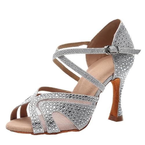 Dancing Shoes for Woman Latin Dance Shoes Adult Ladies Salsa Tango Shoes Trainer Shoes High Heel Sandals(Indoor Silver 7.5cm,42)