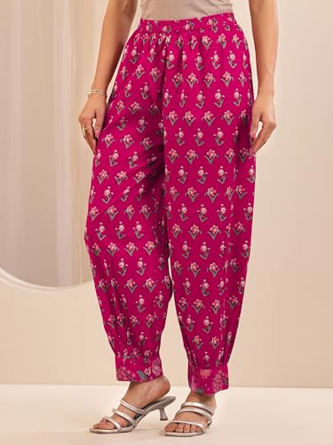 Image of Libas Pink Printed Cotton A Line Kurta set for Women | daily wear suit