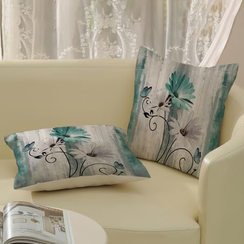 Gloteery Vintage Throw Pillow Covers 16x16 Inch 2 Pcs Aqua Teal Daisy Floral Butterfly Decor Pillow Covers Rustic Flower Spring Summer Outdoor Decorative Pillowcase Linen Cushion Cover for Couch Sofa — view 4
