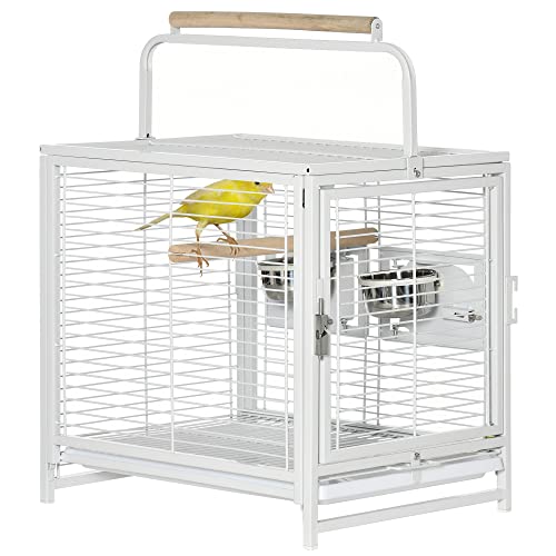 PawHut 18″ Heavy Duty Wrought Iron Travel Bird Cage Carrier with Handle Perch and Accessories – White