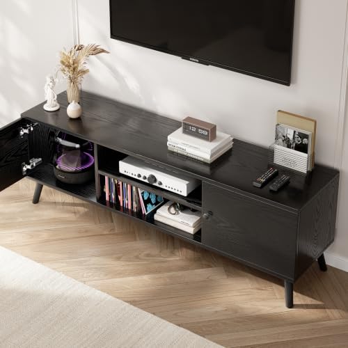 TV Stand for 55 60 inch TV, Modern Mid Century Entertainment Center with Storage, Wooden Media Console Table with 2 Cabinets for Living Room Bedroom, Black - Image 2