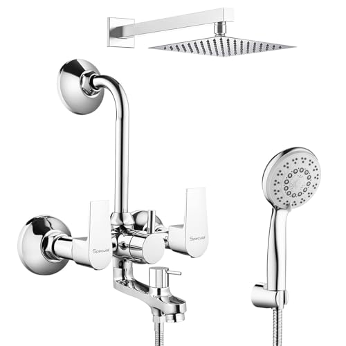 Image of Nyra Series Brass, Wall Mixer For Bathroom 3 in 1 | With 6x6 Inches Overhead Shower Set | 5 Flow Hand Shower Set with 1.5 Meter Hand Shower Pipe | Wall Mixer | Shower Set (Chrome)