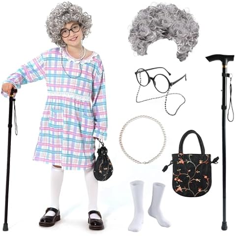 FAYBOX Old Lady Wig Costume for Kids,100 Days of School Costume for Girls,Grandma Granny Costume Wig for Halloween Cosplay4-5 Cover