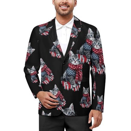 4th of July Cat U.S. Flag Casual Men's Blazers Two Button Lapel Suits Jacket Lightweight Sport Coats