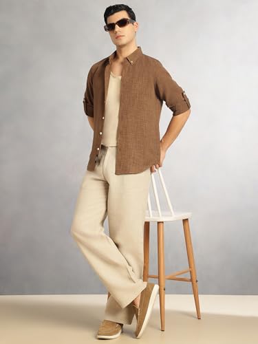 Image of Thomas Scott Men's | Solid | Textured Fabric | Full Sleeve | Slim Fit | Polyester-Blend | Spread Collar | Casual Shirt