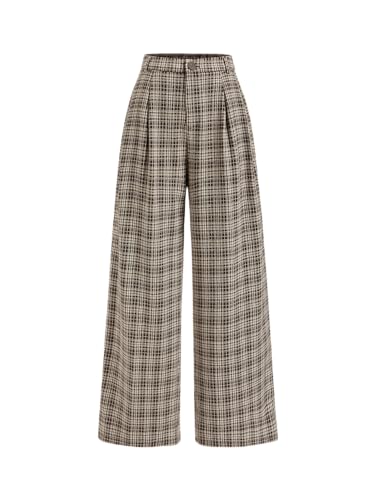 CIDER Plaid Wide Leg Pants for Women with Pockets Mid Waist Checkered Pants Business Casual Trousers Trendy: Brown L