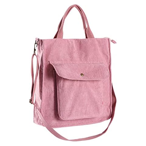 BLUEEE CHECKERS Corduroy Tote Bag with Zipper,Large Capacity Corduroy Shoulder Shopping Tote Bag,Fashion Durable Corduroy Hobo Bag for Women/Girl,Casual Handbags (Pink),32x28x8cm Cover