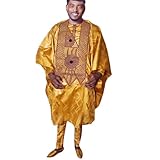 HD Gold African Bazin Agbada 3 Pieces Outfit for Man Embroidery Nigerian Mens Boubou Caftan Traditional Wedding Apparel 3XL