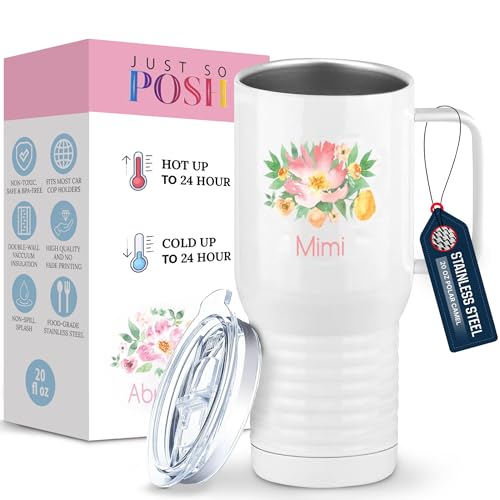 Just So Posh Regalo para Mimi Flowers, taza de café de viaje con asa y tapa deslizante, color blanco camello polar de 20 onzas, acero inoxidable, aislado al vacío
