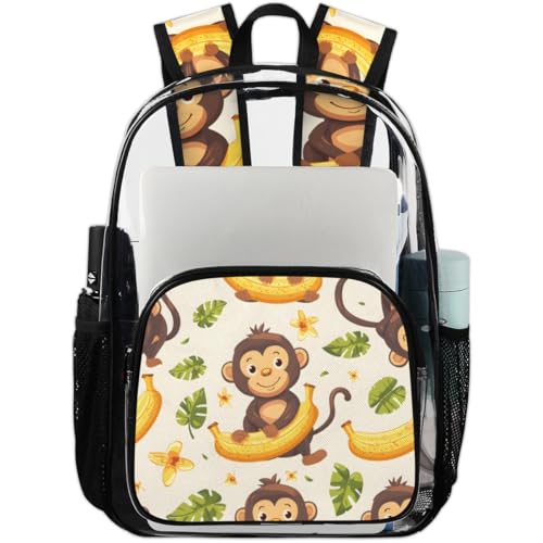 Monkey Banana Leaf Flowers Clear Backpack Stadium Approved PVC Backpacks for Adults Heavy Duty Clear Bag for Work Security Travel College