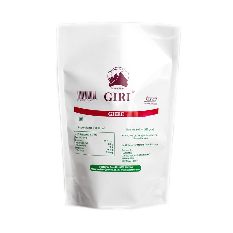 GIRI Brand Organic Desi Ghee Made with Curd Churned Bilona Method | Pure, Natural & Healthy - 500 ml (Pouch) (B0BKY2PRZG) Amazon Price History, Amazon Price Tracker