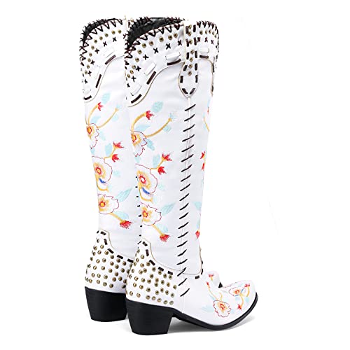 Image of YIYA Women's Star Cowboy Boots Black and White Cowgirl Boots with White Stars Pointed Toe Chunky Low Heel Pull-On Wide Calf Western Embroidered Boots
