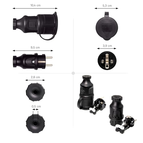 feletec Schuko Stecker und Kupplung 230V IP44 für Außenbereich geeignet | Ideal für Verlängerungskabel als Ersatz