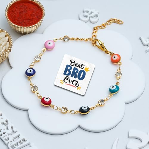 Image of eCraftIndia Evil Eye Bracelet Rakhi with Best Bro Ever Fridge Magnet | Rakhi for Brother Bhaiya Bhai | Roli Chawal Pack