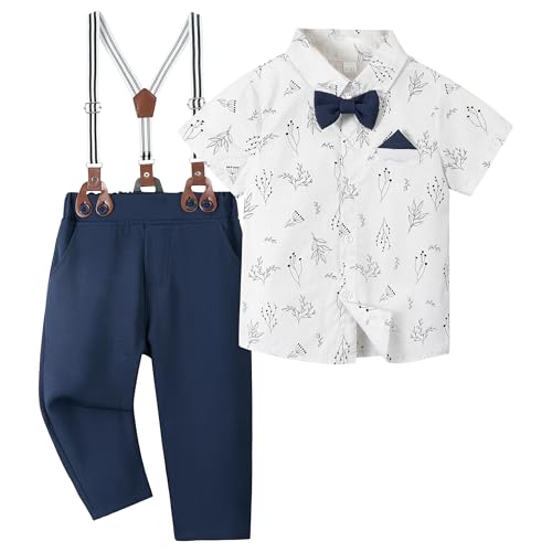 Volunboy Traje Formal para Bebé Niño, Camisa Manga Corta con Pantalón Tirantes y Pajarita, Conjunto Elegante Boda(Talla 120, Azul Marino, 4 5 Años)