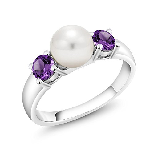 Gem Stone King Freshwater Pearl and Purple Amethyst Ring For Women | 925 Sterling Silver | 0.72 Cttw | Gemstone February Birthstone | 3 Stone Wedding Engagement Anniversary Promise Ring (Size 6)
