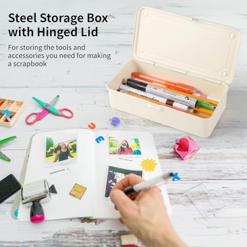 Image of OMISTAR Steel Storage Box with Hinged Lid, Metal Container for Scrapbook Stamps, Rectangular Empty Hinged Metal Tool Box, Storage Organizer for Pegs, Pens, Stationary, White