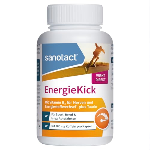 sanotact EnergieKick Dose (90 Kapseln) • Energie Kapseln als Wachmacher • Koffeintabletten mit Taurin & Vitamin B2 • koffein Kick bei Müdigkeit • 100% Vegan ideal vor dem Sport