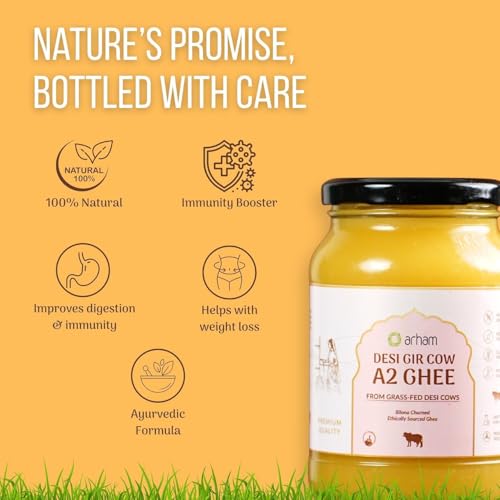 Image of Arham Organic A2 Gir Cow Ghee 500ml | Curd-Churned Cultured Bilona Method | Pure & Natural Desi Ghee | Grass-Fed | Immunity & Gut Health | Cruelty-Free | Lab Tested | Glass jar