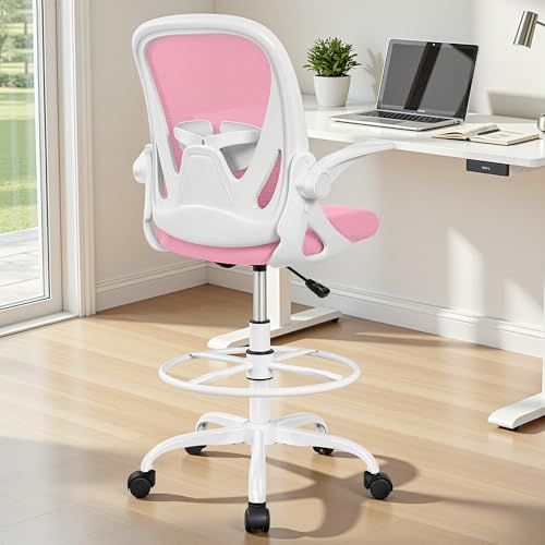Image of Primy Drafting Chair Tall Office Chair with Flip-up Armrests Executive Ergonomic Computer Standing Desk Chair with Lumbar Support and Adjustable Footrest Ring (Pink)