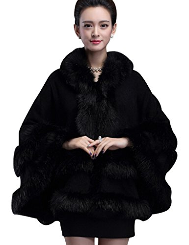 Aphratti Women's Faux Fox Fur Trim Hooded Knit Cape Cloak Coat One Size Black