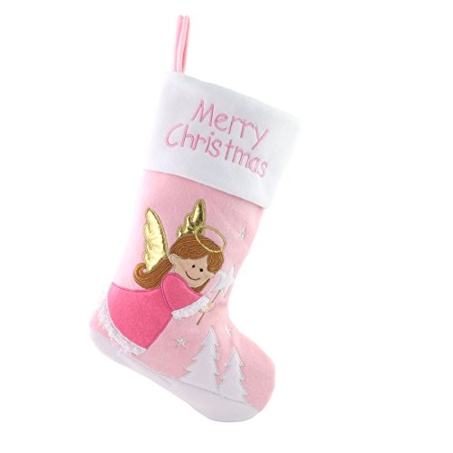 WEWILL 18â€™â€™ Babyâ€™s 1st Pink Felt Christmas Stockings Angel Embroidered Xmas Stocking Gift Bag for Home Holiday Decoration, Pink