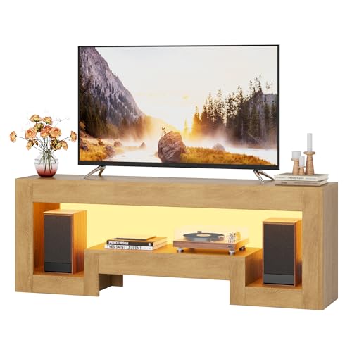 JUSTOGO Modern TV Stand for 65 Inch TV, Wood Entertainment Center with LED Lights, TV Console with Large Open Storage for Living Room Bedroom, 54' TV Table Media Console, Natural