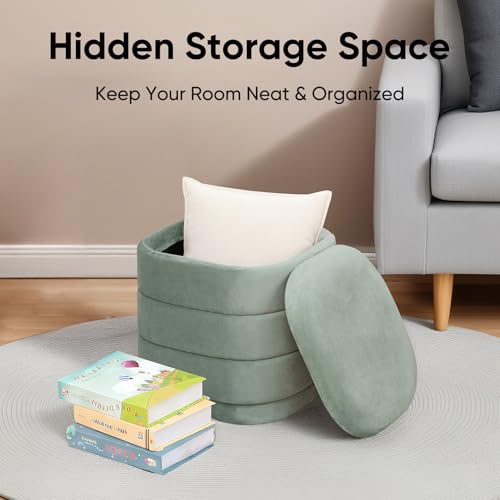 Image of 15 inch Velvet Storage Ottoman with Tray, Foldable Square Ottoman Footrest with Reversible Wood Lid, Collapsible Storage Footstool for Bedroom, Living Room, Dorm, Sage Green