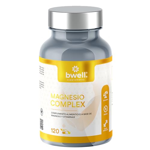 Triple Magnesio Complex Alta Biodisponibilidad con Vitaminas B6 y D3 – 120 Capsulas - Reduce Cansancio y Fatiga + Alivia Dolor Articulaciones y Músculos | BWELL SUPPLEMENTS