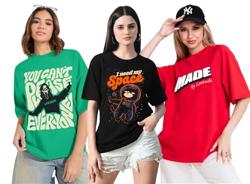 Image of LEOTUDE Women Cottonblend Oversized Baggy Fit Half Sleeve Round Neck Multicolor Combo T-Shirt for Women & Girls (Pack of 3)