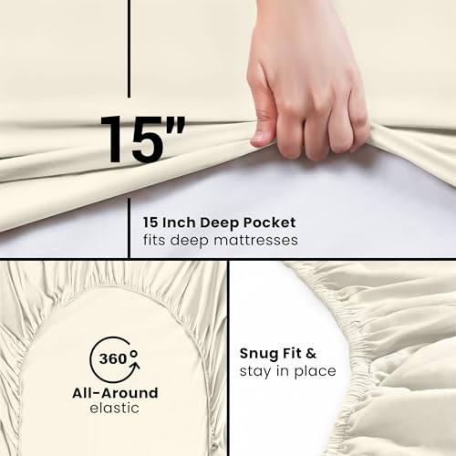 Image of Utopia Bedding Queen Fitted Sheet - Bottom Sheet - Deep Pocket - Soft Microfiber - Shrinkage and Fade Resistant - Easy Care -1 Fitted Sheet Only (Ivory)