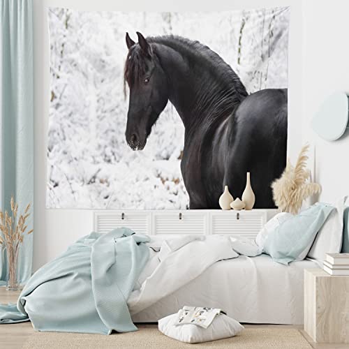 Ambesonne Animal Tapestry, Friesian Sport Horse Portrait On A Snowy Winter Background Novelty Picture Print, Wide Wall Hanging For Bedroom Living Room Dorm, 80" X 60", White #TOP5