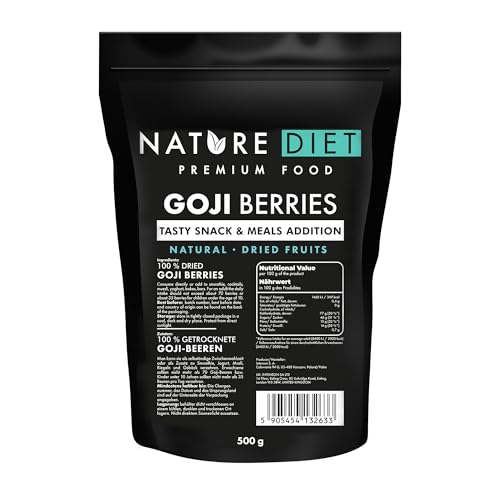 Nature Diet Baies de Goji | 500 g | Riches en Fibres & Protéines | Vegan, Sans Gluten & Sans Lactose | Non OGM | Idéal pour Snacks, Smoothies & Pâtisserie