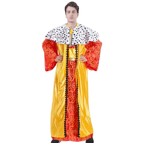 Carnavalife Disfraz Rey Mago hombre, disfraz de navidad para adulto hombre 3 pcs Traje de 3 Piezas con Capa, Túnica y Cinturón, disfraz rey mago adulto (Amarillo, M)