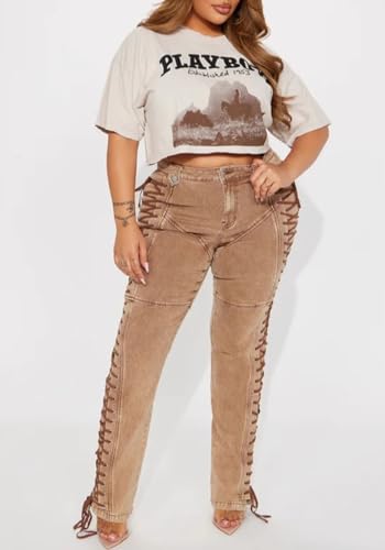 Women Straight Leg Jeans Casual Y2k High Waisted Lace UP Split Hem Jeans Slim Fit Trendy Denim Pants2