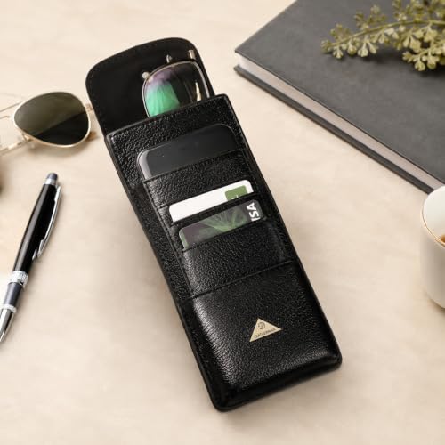 Image of Leatherman Unisex Genuine Leather Spectacle Case - Black | Modern Eyeglass & Sunglass Case | Card Slots, Phone Storage & Utility Pockets