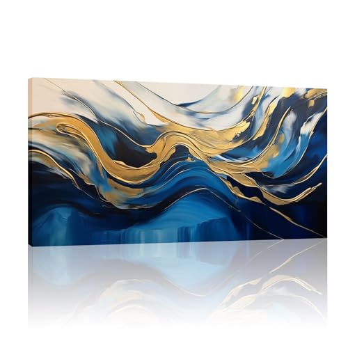 Toile murale abstraite decoration salon moderne cadre bleu et or
