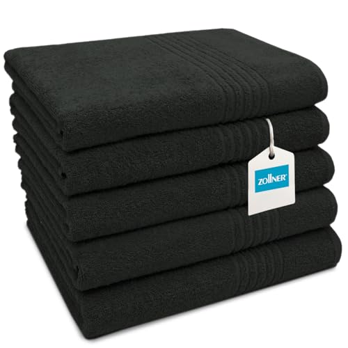 ZOLLNER Lot de 5 Serviettes de Douche 70x140 cm - Serviettes très absorbantes en Noir - avec Crochet Pratique - avec Bordure rayée - lavables jusqu'à 60 °C...