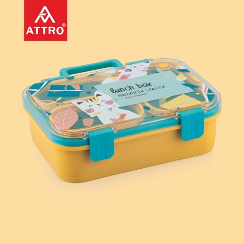 Image of ATTRO Kitty Kart Plastic Lunch Box - 3 Compartment Bento Tiffin, Leak-Proof & Durable, Plastic Cutlery, Ideal for Kids, School,Picnic - 800ml, Blue Orange