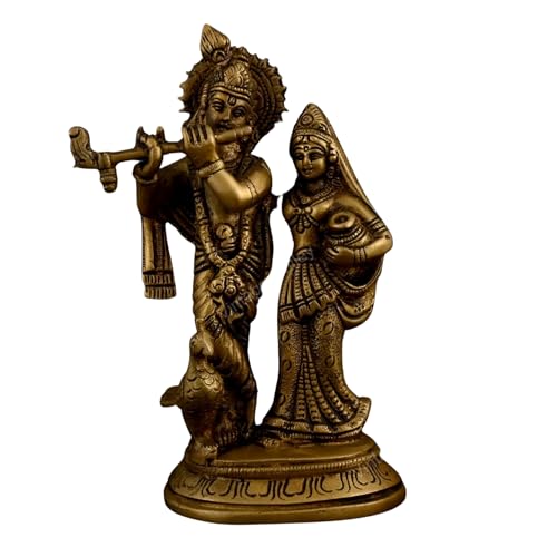Image of 100% Pure Brass Radha Krishna Murti 15 cm | Radhe Krishna Statue for Pooja Room & Home Temple | Divine Couple Idol for Home Decor | Spiritual Gift Item