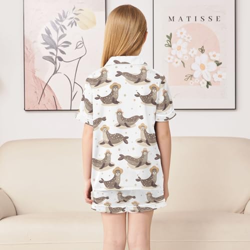 ALAZA Cute Seal Dot Satin Pajamas Set Short Sleeve Button Down Sleepwear Summer Pjs 2 Piece4