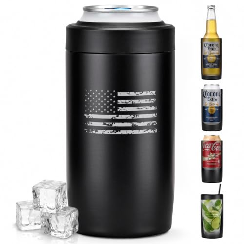 Image of 4-in-1 Slim Can Cooler Easy to Hold Insulated Beer Can Holder Double-walled Stainless Steel for All 12 Oz Cans (Black America Flag)