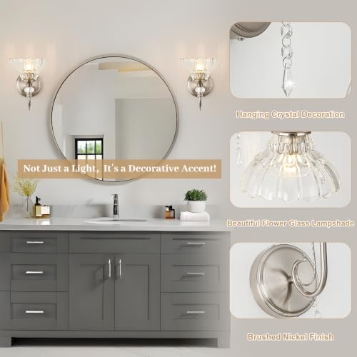 Image of 1 Piece Brushed Nickel Finish Wall Sconce, 1-Light Modern Wall Sconce with Hanging Crystal Accents and Flower-Shaped Clear Shades for Bathroom Bedroom Living Room,Modern Vanity Light