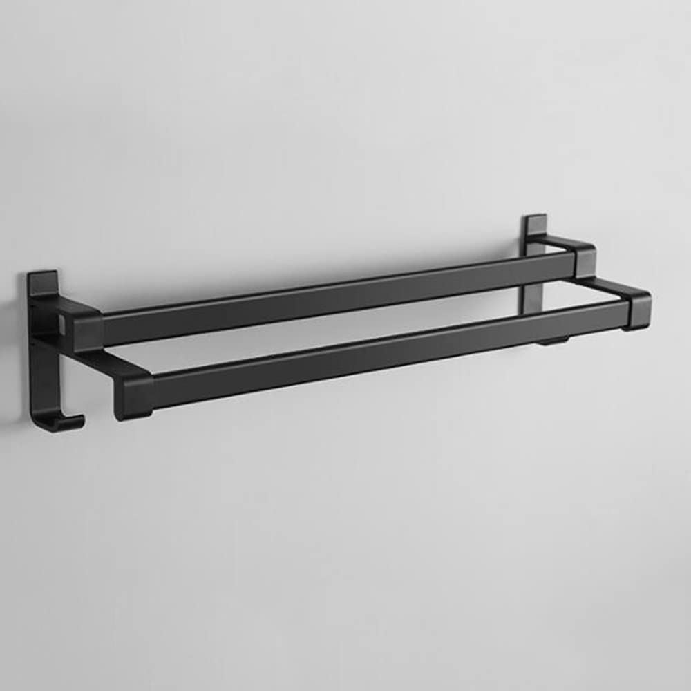 Zwarte handdoekhouder wandmontage handdoekenrek, badkamer handdoekrails zelfklevend, 2-laags handdoekplank met dubbele staven (38 cm
