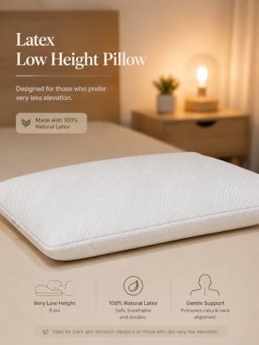 Image of kasiemobi Low Height 100% Natural Latex Pincore Pillow 60x40x5 cm | Natural Latex, Knitted Zippered Cover | Stomach Sleepers, Petite Adults, Lower Pillow Height | White Color